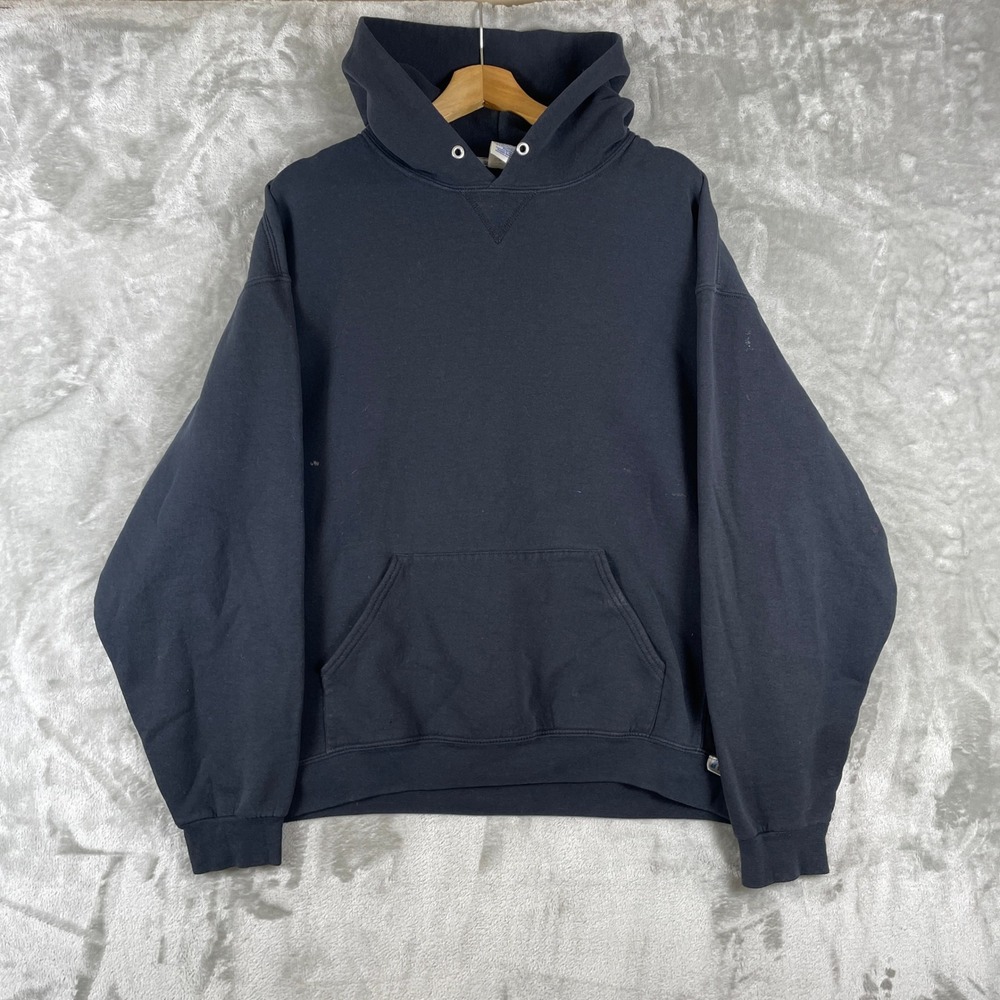Vintage Y2K Russell Athletic Hoodie Mens XL Black Blank Heavyweight Sweatshirt